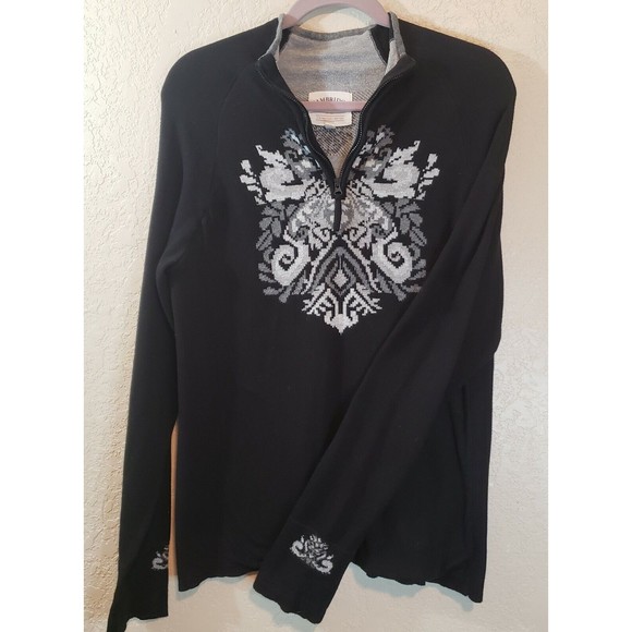 Cambridge Dry Goods Sweaters - Cambridge Dry Goods Black Zip-Neck Sweater with Gray Pattern